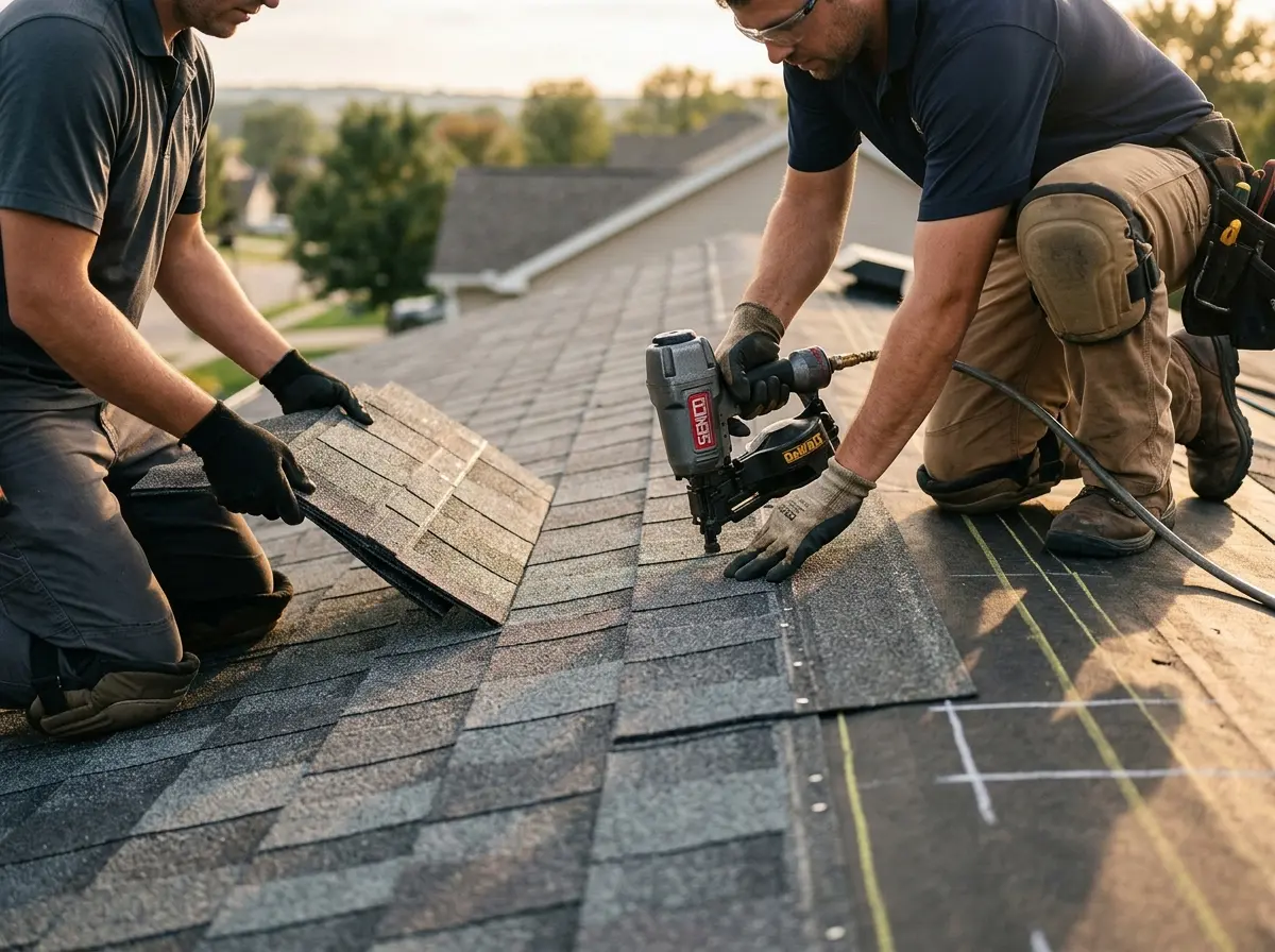 Professional roofer working on a residential roof in Olmsted Falls
